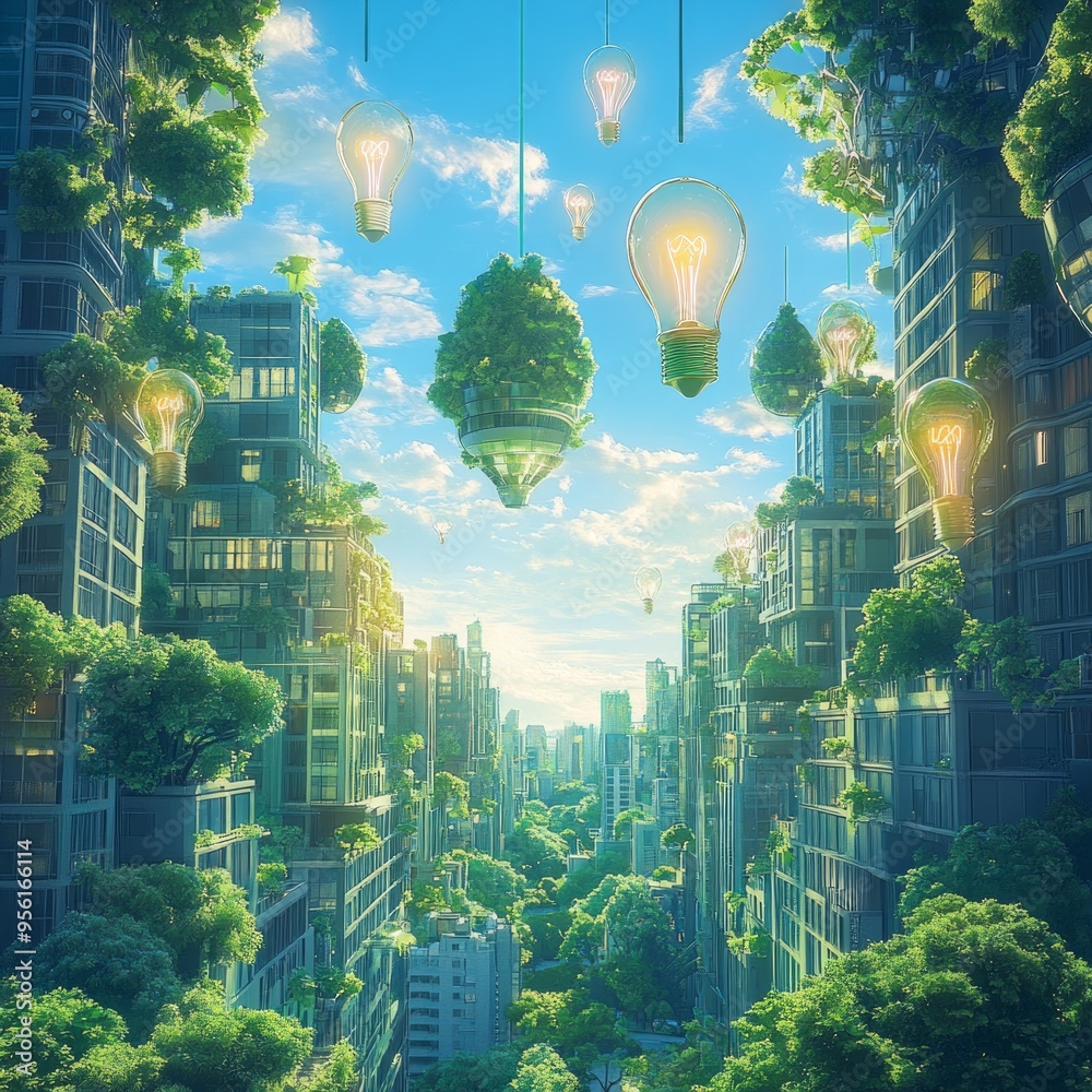 Poster A futuristic city with green buildings and lightbulbs hanging from trees.