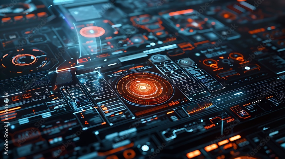 Poster futuristic interface with digital elements of a hypothetical computer system control panel for futur