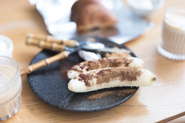 Brunch in warm colors, healthy food, latte, coffee, bread, bagels, peanut butter, beautiful bamboo tableware, cozy brunch, bananas, low fat diet, low sugar,diet,egg,recipe,chocolate