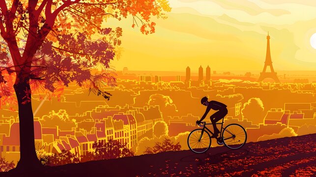 A cyclist climbing a hill near Paris, depicted in sharp vector graphics.