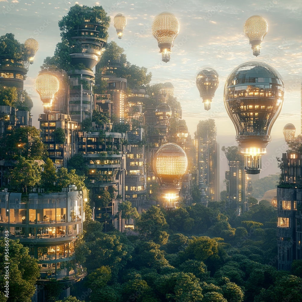 Poster A futuristic cityscape with glowing hot air balloons soaring above buildings and trees.