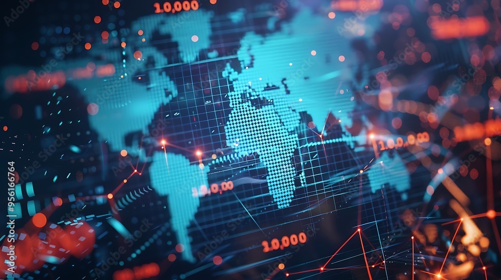 Poster global network visualization of world map with digital line dots data connection for futuristic mode