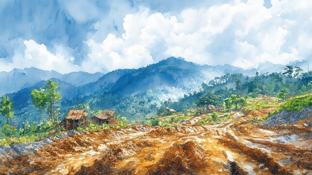Environmental Devastation: Deforestation's Mudslide Effects in Watercolor Style with Displaced Villagers