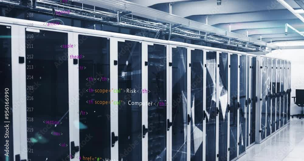 Poster computer code animation over servers in data center