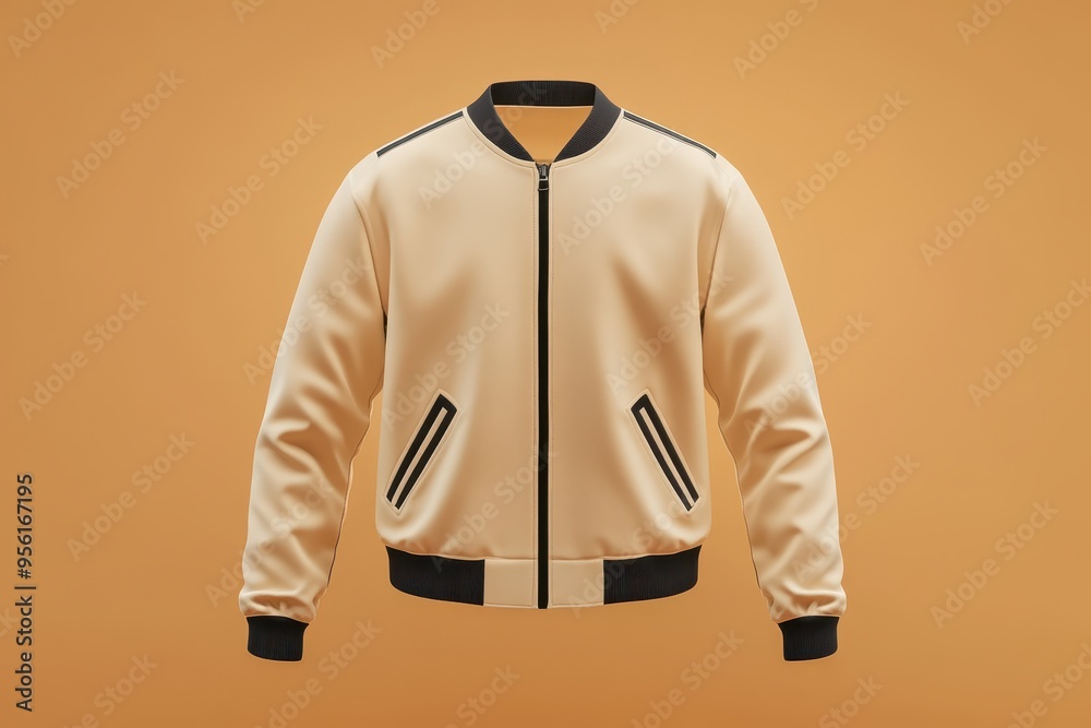 Wall mural A stylish beige bomber jacket displayed against a plain orange background.