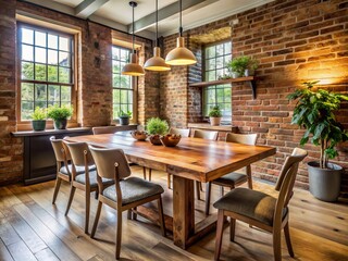 Worn wooden planks and weathered chairs add rustic charm to a cozy Toronto home, where exposed brick walls