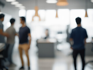 High-quality image of a blur business office environment with blurred people in casual wear, featuring a soft, blurred bokeh background.