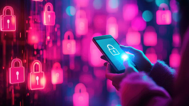 A person making a contactless payment while a budget app tracks expenses in real-time, digital padlock icons for protection, Cyberpunk, Neon lighting, 3D Render