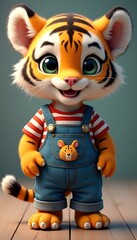A cute tiger, wear denim overalls