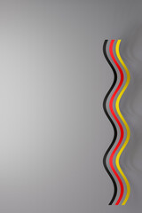 Minimalist artistic rendering of the German flag, featuring flowing ribbons of black, red, and yellow on a soft gray background, ideal for patriotic themes. Copy space for text. 3D render.