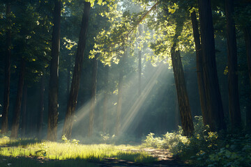 Obraz premium Sunlight filtering through the trees in forest