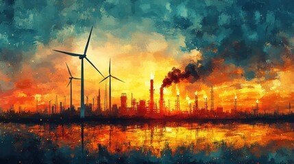 Harmony and Conflict: Wind Turbines vs Oil Fields - Environmental Perspectives in Watercolor Style