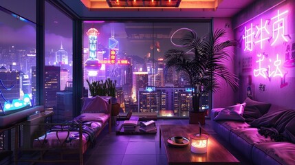 Nighttime Cityscape View from a Cozy Apartment