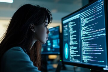 Female software developer working on a security patch in her office. The screen shows complex algorithms and system