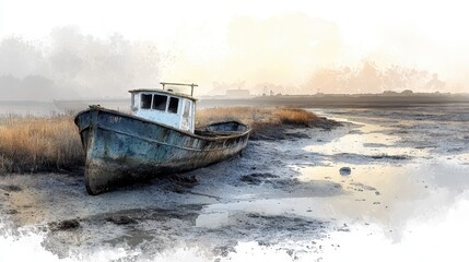 Vanishing Rivers - Surreal Watercolor Depiction of Dried Riverbeds with Abandoned Boats