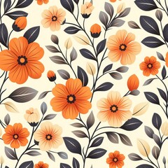 Seamless Floral Pattern with Orange and Yellow Flowers on a Cream Background