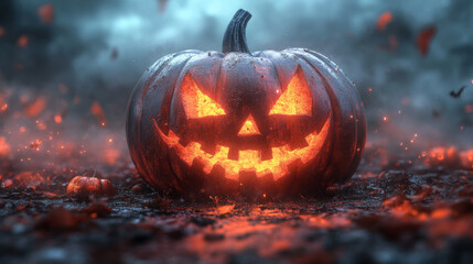 Naklejka premium Halloween pumpkin burning with flames in a spooky forest