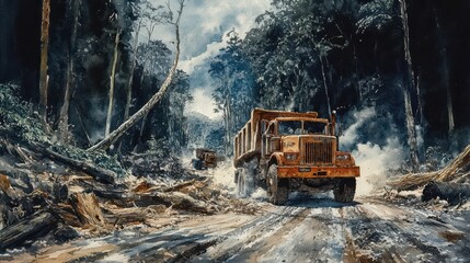Vanishing Legacy: Deforestation of Ancient Rainforest in Watercolor Illustration