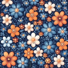 Seamless Floral Pattern with Blue, Orange, and White Flowers on a Navy Background