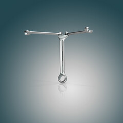 Levitating set of mechanical hand tools. Stainless steel wrenches on desaturated stylish blue background. Concept shot of professional mechanical hand tools and accessories.