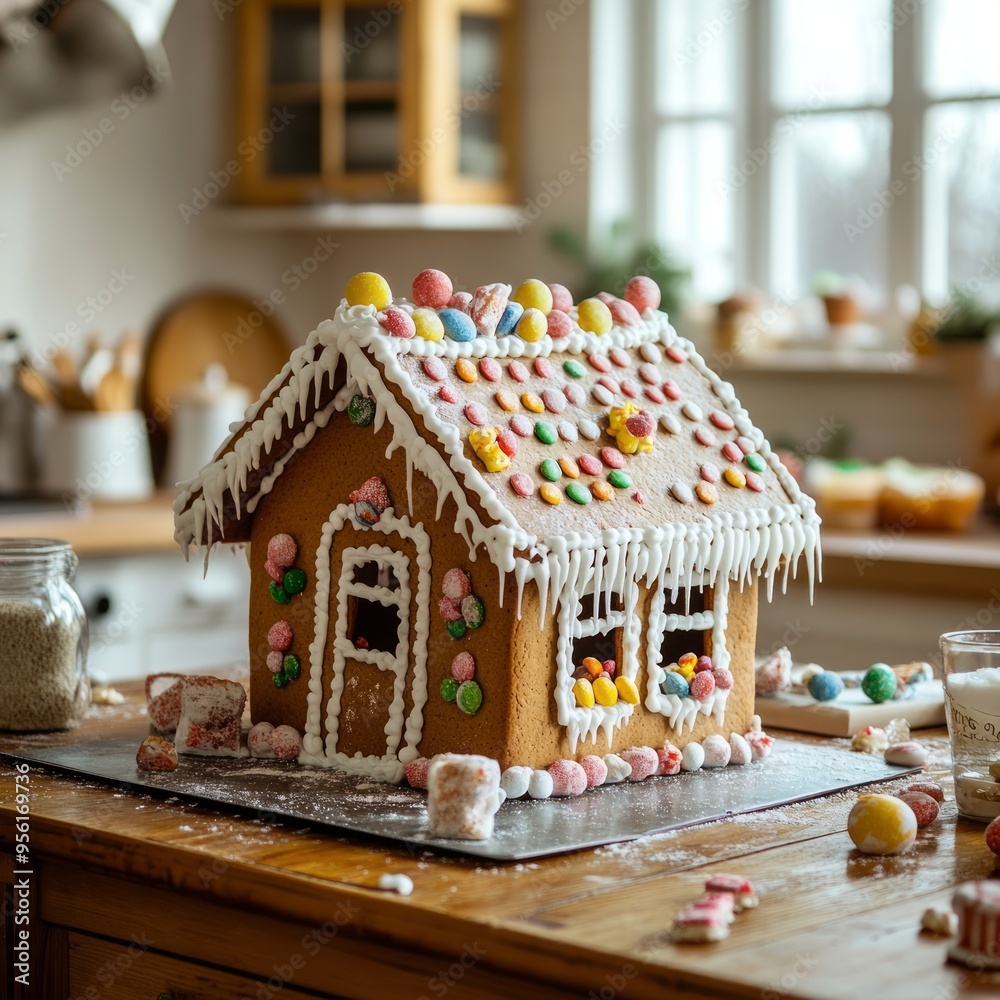 Wall mural A gingerbread house with white icing, colorful candies, and a gingerbread door sits on a table in a kitchen, with scattered candy pieces and supplies surrounding it.