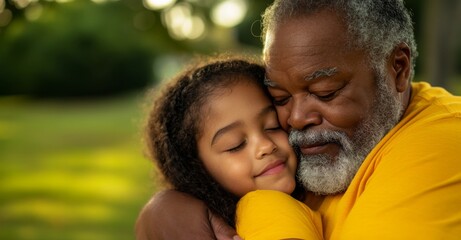 Fototapeta premium portrait of black grandfather and his granddaughter in the park, hugging each other with their eyes closed