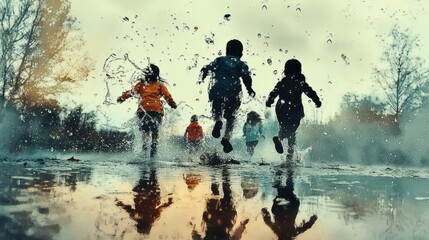 Fototapeta premium Playful Kids in Polluted Puddles: Watercolor Illustration of Contaminated Rainwater Fun