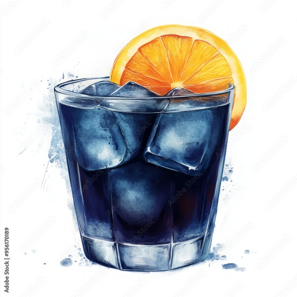 Sticker A glass of dark blue cocktail with ice cubes and an orange slice on top.