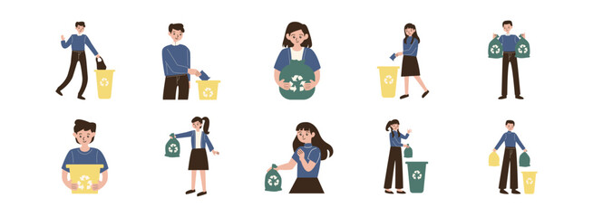 Throwing Away Trash flat illustration set. Include of trash bag, recycle bin. Vector illustration isolated transparent background