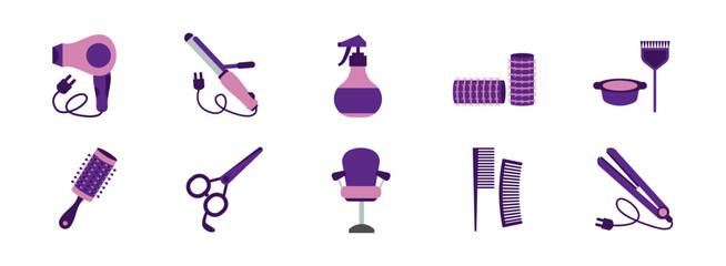 Salon Equipment flat illustration set. Include of  blow brush, chair, comb, hair dryer, hair scissors, spray bottle, straightener. Vector illustration isolated transparent background