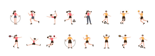 Sport Character flat illustration set. Include of yoga, football, gym, basketball, running. Vector illustration isolated transparent background