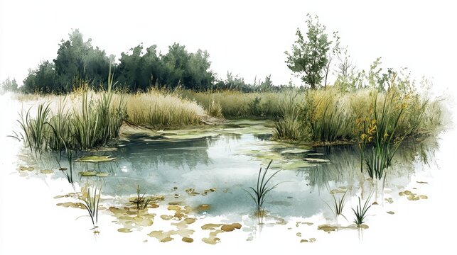 Struggling Wetland Harmony in Watercolor - Depiction of Dying Flora and Fauna in a Struggling Ecosystem