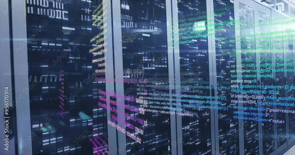 Poster colorful code lines animation over server racks in data center