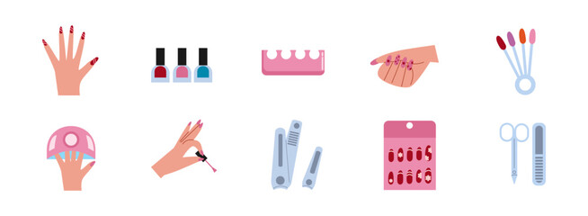 Nail Art flat illustration set. Include of fashion, beauty, manicure, finger, art, beautiful, female, care, hand, style, spa, and fingernail. Vector illustration isolated transparent background