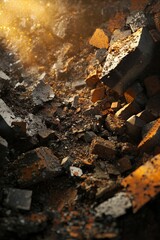 A pile of rubble with a bright light coming out of it