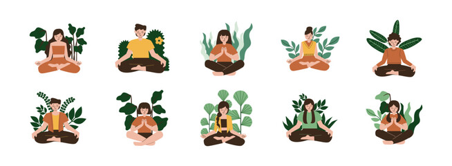 Yoga Meditation flat illustration set. Include of  meditation, relaxation, pose, healthy, wellness, mindfulness, and more. Vector illustration isolated transparent background