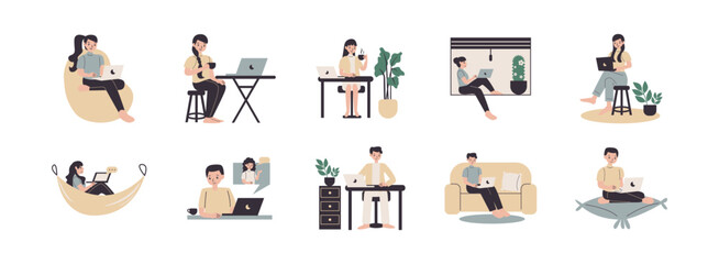 Work Form Home Concept flat illustration set. Include of  laptop, working, wireless, freelancer, home office, and more. Vector illustration isolated transparent background