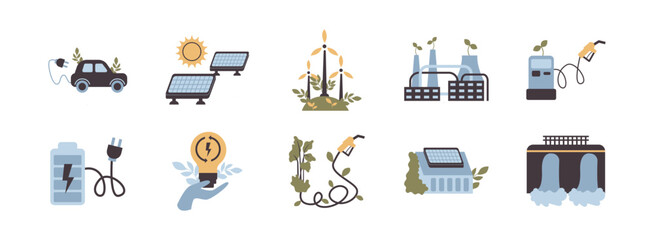 Smart Energy flat illustration set. Include of  electricity, renewable, innovation, windmill, turbine, and more. Vector illustration isolated transparent background