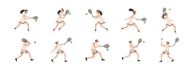 Tennis Sport Player flat illustration set. Include of  player, game, racket, competition, tennis ball, and more. Vector illustration isolated transparent background