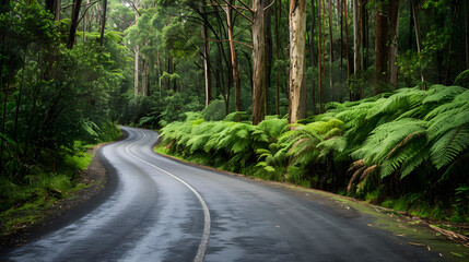 Obraz premium Winding Road Through Dense Forest Offering Scenic Natural Beauty 