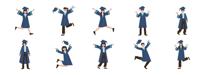 College Graduation flat illustration set. Include of celebration, graduation, student, and ceremony. Vector illustration isolated transparent background