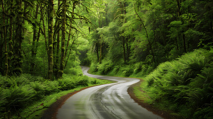 Obraz premium Winding Road Through Dense Forest Offering Scenic Natural Beauty 