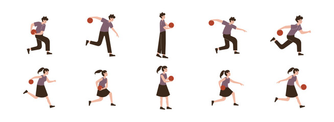 Bowling Sport Player flat illustration set. Include of bowling player, strike bowl, play bowl, and hit pin. Vector illustration isolated transparent background