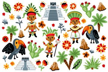 Set of Maya characters, Aztec childish Collection. For children room designs. Pyramid. Cacti, toucan, palm, flowers on white background