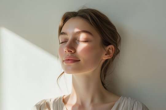 Serene Hungarian Fashion Model in Minimalist Attire with Soft Sunlight Illuminating White Wall - Ethereal Overlay Beauty