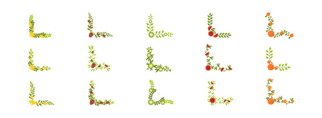Corner leaf fruit with summer flat illustration set. Include of summer frame, modern layout, tropical, and spring. Vector illustration isolated transparent background