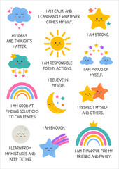 Affirmations for kids. Classroom poster, homeschool decor. I am affirmations, I am strong, i am enough, i believe in myself. Wall art affirmations poster for kids, playroom, nursery.
