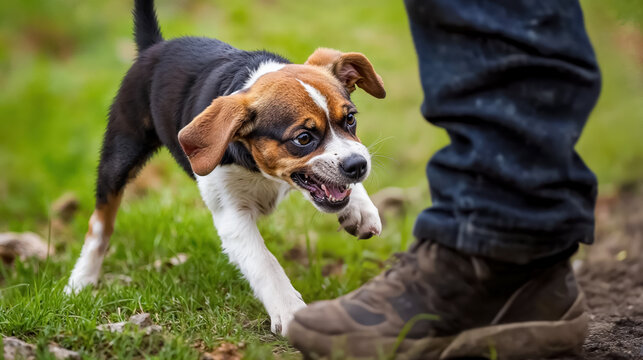 un petit chien agressif essaye de mordre la jambe d'une personne