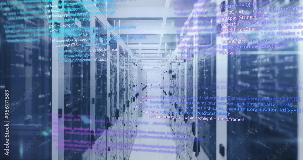 Poster computer code animation over server racks in data center