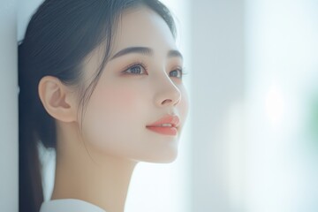 Naklejka premium Serene Han Chinese Fashion Model in Minimalist Attire with Soft Light Overlay